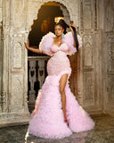 Bonnyshow Aso Ebi Stylished Sparkle Sequined Pink Long Mermaid Evening Dresses With Big Volume Ruffles Tulle Bottom African Evening Gowns