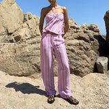 Bonnyshow  Casual Stripe Halter Tank Pants Set Women Beach Sleeveless Backless Top Straight Trousers 2025 Summer Holiday Lady Suit New