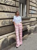 Bonnyshow  Sweet Women Pink Printed Plaid Long Pants Fashion Pockets Button High Waist Straight Trouser Female Spring  High Streetwear