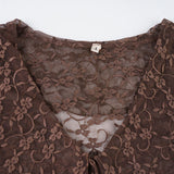 Bonnyshow  Y2K Fashion Lace Crop Top Brown V-neck Lace Up Cardigan Tee Shirt See Through Chic Sexy Short Sleeve T-shirt Summer