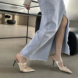 Bonnyshow  Satin Button Pointed Toe Mules Pumps Women Slipper Fashion Shallow Thin High Heels Ladies Shoes
