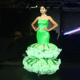 Bonnyshow Eye Catching Neon Green Mermaid Evening Dresses With Big Volume Ruffles Tulle Bottom Strapless Long Evening Gowns