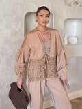 Bonnyshow  Casual Deep V-neck Shirt Long Pant Set Women Fashion Solid Flowers Lace Up Shirts Straight Pants Sets Lady 2025 Chic Streetwear
