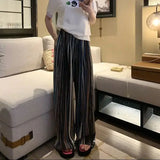 Bonnyshow  New French Retro Contrast Striped Pleated Wide-Leg Pants Loose Stripe Straight Tube Floor Sweeping Women'S Wide Leg Pants