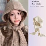 Bonnyshow Korea Cute Women's Knitted Hood Scarf Little Red Hat Warm Ear Protection Cold Windproof Cap Winter Fashion Woolen Pullover Hat