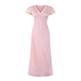 Bonnyshow  Pink Dot Print Elegant Long Dresses Women Lace Trim V Neck Short Sleeve A-line Summer Dress Party Maxi Robe