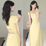 Bonnyshow  Summer Women's Korean Graceful Square Collar Slim Dress Lady Fashion Joker Solid Long Short Sleeve Dresses 2025 New Clothing