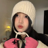 Bonnyshow Winter Wool Bucket Hat for Women Warm Knitted Ear Protection Cap Korean Solid Color Coldproof Crochet Fisherman Hats