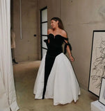Bonnyshow New Couture Black&White Velvet Long Evening Dresses Sweetheart Bow Straps Modest Formal Party Dress Evening Gowns