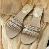Bonnyshow  Luxury Designer Summer Low Heel Women Weave Slippers Elegant Open Toe Dress Slides Outdoor Gladiator Shoes