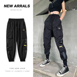 Bonnyshow Women's Gothic Black Cargo Pants Aesthetic Harajuku Bandage Goth Pant Y2K Streetwear Vintage Punk Wide Leg Baggy Trousers