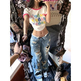 Bonnyshow Y2k Baggy Ripped Jeans Women Low Rise Gyaru Wide Denim Pants Daddies Streetwear Grunge Hippie Korean Fashion Trousers