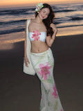 Bonnyshow  Vacation Pretty Women Two-Piece Set 3d Flowers Bandeau Mini Top+See Through Print Bottoms Beach Party Matching Suits