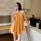 Bonnyshow  Two-Piece Solid Cotton And Linen Suit Women'S Folding Sleeveless Vest Top Women'S Summer New  Thin Loose Shorts