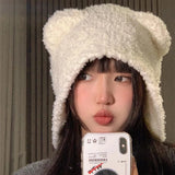 Bonnyshow Cute Bear Ear Wool Hat Winter Beanies Warm Ear Protection Knitted Beanie Cap Bonnets Cartoon Solid Color Warmer Earmuffs Caps