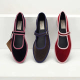 Bonnyshow  Flats Mary Jane Shoes Women 2025 Trend Velvet Casual Streetwear Ladies Shoes Canvas Buckle Strap Pointed Toe Loafers Elegant
