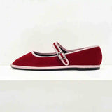 Bonnyshow  Flats Mary Jane Shoes Women 2025 Trend Velvet Casual Streetwear Ladies Shoes Canvas Buckle Strap Pointed Toe Loafers Elegant