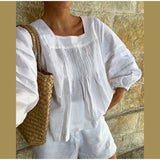 Bonnyshow  Cotton Lined Women 's Shorts Suit Solid Square Collar Full Sleeve Shirts Elastic Waist Short Pants Female Sets Summer Beachwears