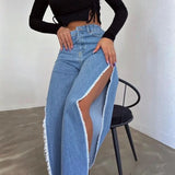 Bonnyshow Double Side High Slit Denim Trousers Spring and Summer Street Trendy Sexy Open Leg Pants Female Y2k Jeans