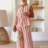 Bonnyshow  Spring Stripe Print Hollow Women Outfit Sexy Front Tie-up Bowknot Vest Top Wide Leg Pant Set Summer Sleeveless Loose Ruffle Suit