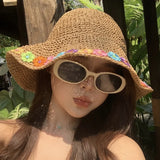 Bonnyshow Flowers Adults Female Straw Hat Summer Hats Korean Fashions Caps Women Beach Seaside Vacation UV Sunscreen Foldable Sun Hat