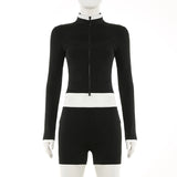 Bonnyshow  Sporty Casual Three Piece Suit Women Turtleneck Zipper Full Sleeve Coat+sleeveless camisole+High-waisted Elastic Shorts