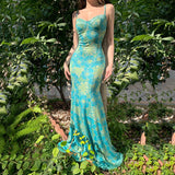 Bonnyshow  Women Print Dress Y2K Streetwear Sleeveless Backless Party Long Dress Sexy Beach Club Outfits Summer Vacation Clothes