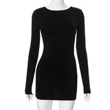 Bonnyshow Sexy Black Backless Long Sleeve Mini Dress Slim Pure Round Neck Cutout Open Back Bodycon String Halter Party Club Outfits