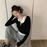 Bonnyshow T-shirts Women Inside Fake Two Pieces Stylish Retro Crops Sexy Ladies Harajuku Casual Spring Fall Ulzzang Student Elegant Ropa