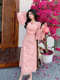 Bonnyshow Long Sleeve Printed Floral Midi Dress Woman Elegant OL Dress Korean Fashion  Autumn Beach Casual Evening Party Dress Female