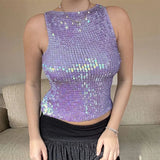 Bonnyshow  Sexy Sequined Vest Halter Top Sleeveless Round-neck Slim Fit Backless Short Blouse Sparkling Socialite Tank Women's Clothing