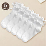 Bonnyshow 2/5 Pairs Cotton Bow Ruffles Ankle Socks For Women Lolita Cute Kawaii Stocking Girl Spring Black White Middle Tube Japanese Sox