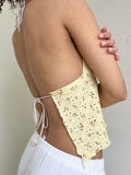 Bonnyshow  Y2K Backless Strappy Tie-up Halter Camis Floral V Neck Bustier Crop Tops Fairy Coquette Ruffle Trim Sleeveless Vest