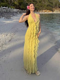 Bonnyshow  Elegant Yellow Halter A Line Prom Gowns Ruffles Tiered Backless Party Gown Summer Vacation Chiffon Long Evening Dress 2025