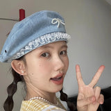 Bonnyshow Denim Pearl Bow Kont Beret Cap Korean Vintage Y2k Lace Hat Summer Designer Female Thin Denim Beach Travel Sunscreen Painter Cap