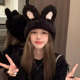 Bonnyshow Y2K Rabbit Ears Beanie Cap for Women Winter Warm Plush Knitted Hat Cute Cartoon Fluffy Fur Female Lady Skullies Ski Hats
