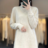 Bonnyshow Female New  Autumn And Winter Mink Cashmere Sweater Woman High Turn-Down Collar Long Dress Pullover Knitted Bottoming Skirt