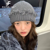 Bonnyshow Punk Hip Hop Knitted Hat Women Winter Autumn Warm Beanie Cap Retro Holes Solid Color Skullies Men Harajuku Bonnet
