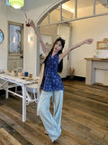 Bonnyshow  French Blue Floral Neck Sling Women'S Fashion Backless V-Neck Vacation Leisure Mid Length Hanging Neck Dress New