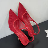 Bonnyshow  Summer Breathable Mesh Pointed Toe Women Pumps Elegant Slingbacks Thin High Heels Party Dress Shoes BIG SZIE 43