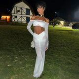 Bonnyshow White Mesh Skirt Set Women Strapless Crop Top and Maxi Skirt Outfits Summer Sexy See Through Club Party Holiday 2 Piece Set