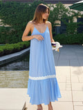 Bonnyshow  Chic Blue Patchwork A-line Long Dress Elegant Sleeveless Off Shoulder Loose Dresses For Women 2025 Summer Vacation Beach Gowns