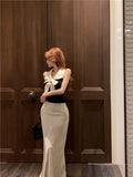 Bonnyshow  Bow temperament collar hanging neck vest satin fish tail half skirt two-piece set women's summer fashion beautiful set