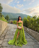 Bonnyshow Light Green Split Long Evening Dresses With Ruched Ruffles Trimmed Details Sweetheart Buttons Front Formal Dress