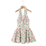 Bonnyshow  Sexy Floral Leaves Print Pleated Ruched Halter Dress Women Deep V neck Slim Low Waist Swing Ball Gown Short Dresses Robe