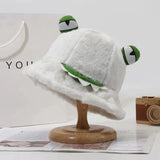 Bonnyshow Cute Frog Fisherman Hat for Women Winter Fluffy Fur Bucket Hats Funny Cartoon Warm Thicken Female Girls Plush Hats