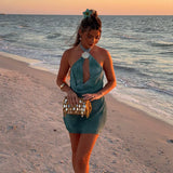Bonnyshow  Shell Deep V-neck Women Min Dresses Sexy Sleeveless Backless Hip Package Female Dresses 2025 Spring Summer Beach Lady Robe