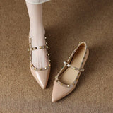 Bonnyshow  Pointed Toe Mary Janes Cover Heels Women Single Shoes Summer Fashion Female Pumps Rivet Buckle Strap Zapatos Mujer