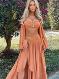 Bonnyshow  Women Summer Sexy Hollow Out Skirt Set Chic Solid Off Shoulder Lantern Long Sleeve Short Top Suit Holiday Bechwear Outfit