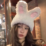 Bonnyshow Y2K Rabbit Ears Beanie Cap for Women Winter Warm Plush Knitted Hat Cute Cartoon Fluffy Fur Female Lady Skullies Ski Hats